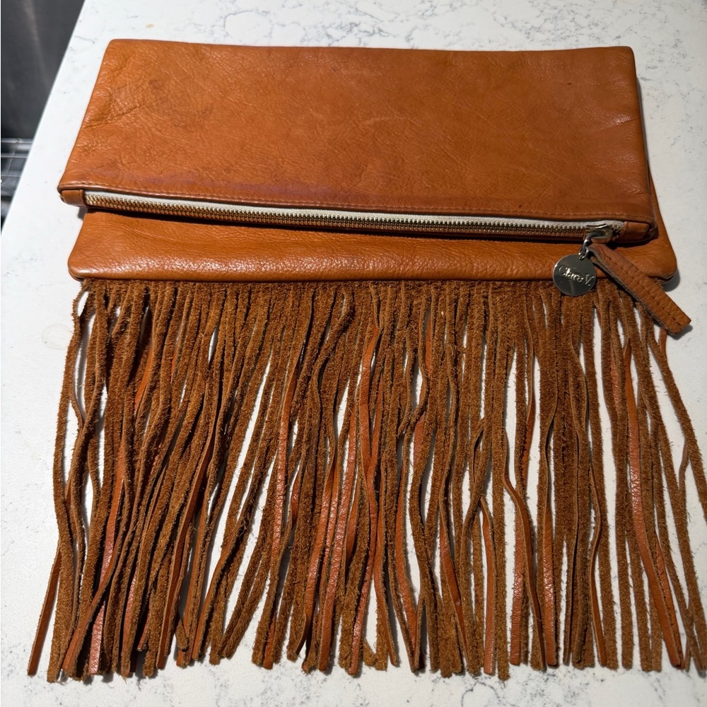 Clare V Fringe Leather Foldover Clutch - Brown